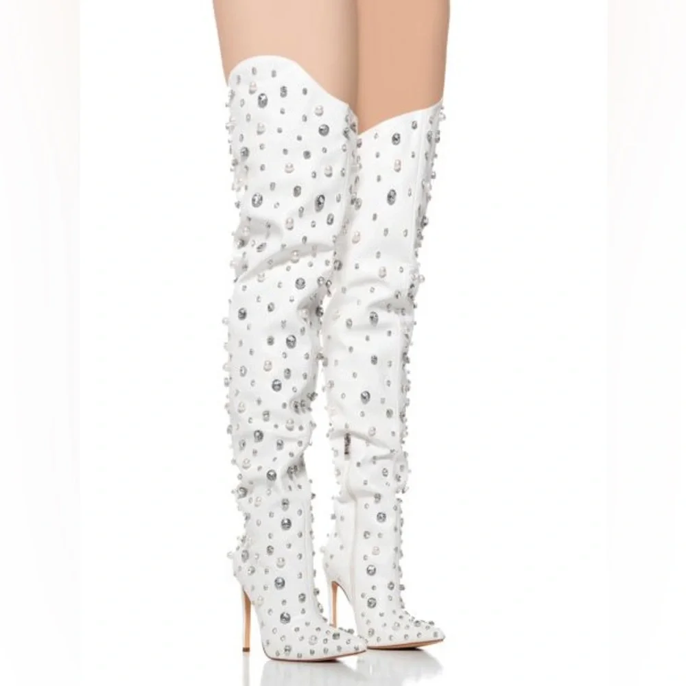 AZALEA WANG White Vegan Leather Embellished Over The Knee Boots